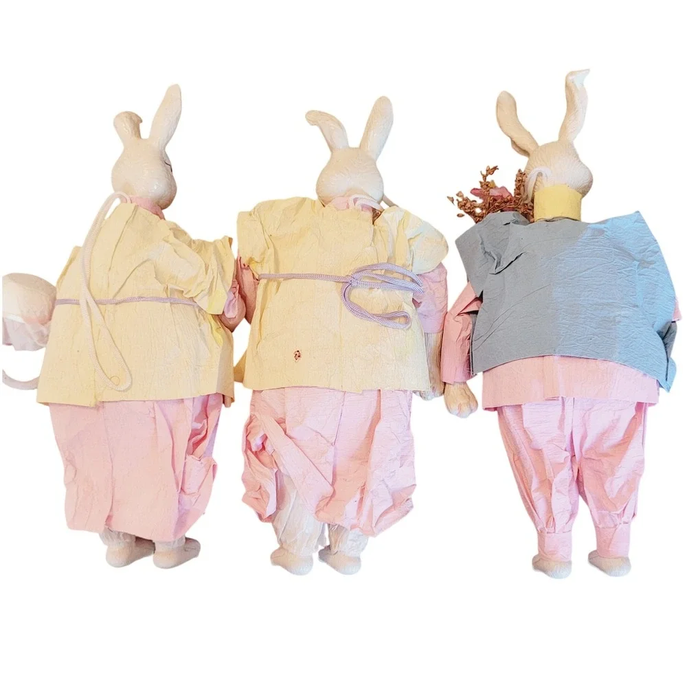 3 Silvestri Paper Mache Bunny Figurines Basket Spring Holiday Decorations Easter